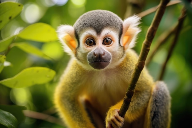 Photo squirrel monkey sitting on a branch in the rainforest of costa rica squirrel monkey in amazon rainforest ai generated