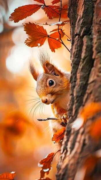 Foto uno scoiattolo che sbircia da dietro un albero in autunno