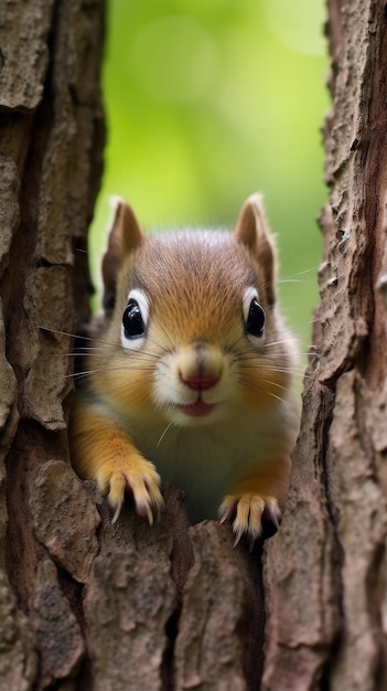 a squirrel peeking out of a hole in a tree