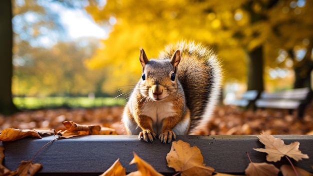 A squirrel perched on a bench amidst fallen leaves