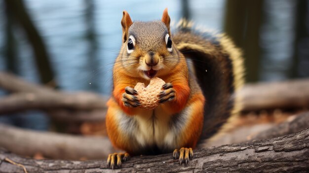 A squirrel perched on a tree branch nibbling on a nut