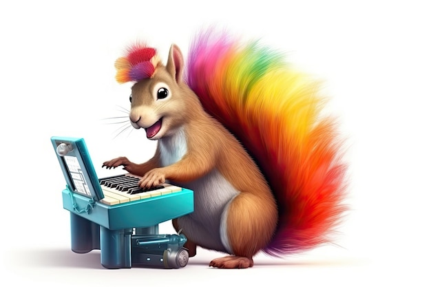 Squirrel playing on piano isolated on white illustration