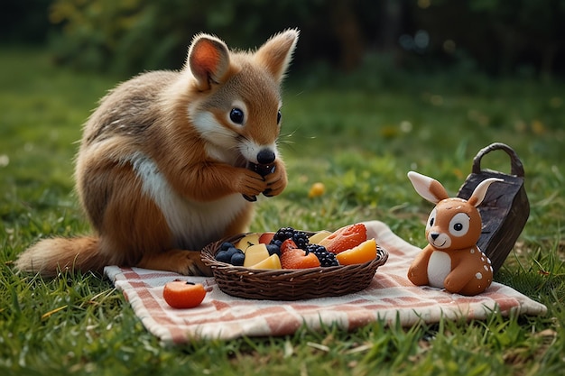 Photo a squirrel and a rabbit are eating fruit from a basket