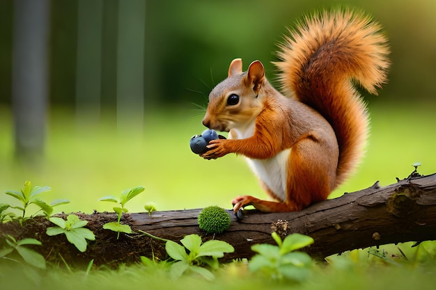 A squirrel sits on a branch eating a blue berry.