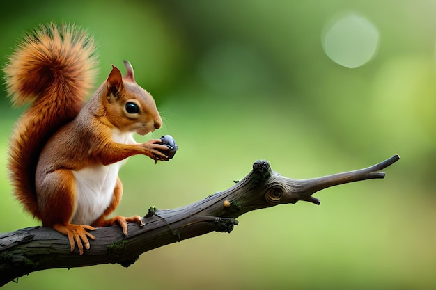 다람쥐는 나뭇가지에 앉아 베리를 먹습니다.