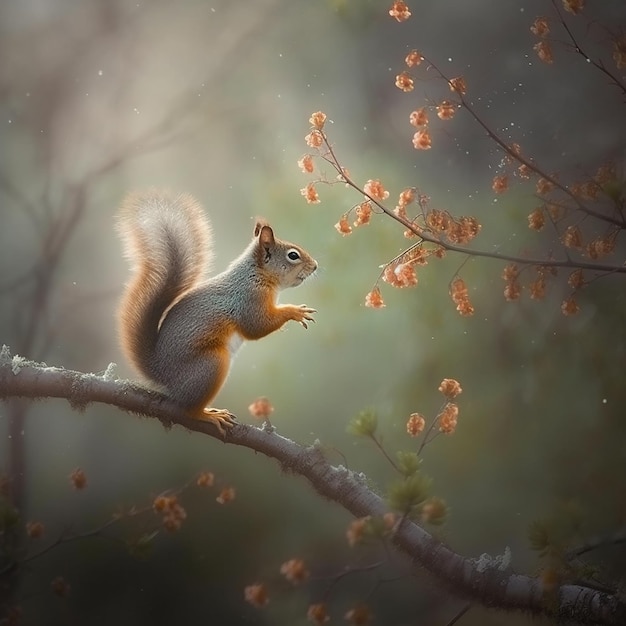 A squirrel sits on a branch in a forest with a flower in its beak.