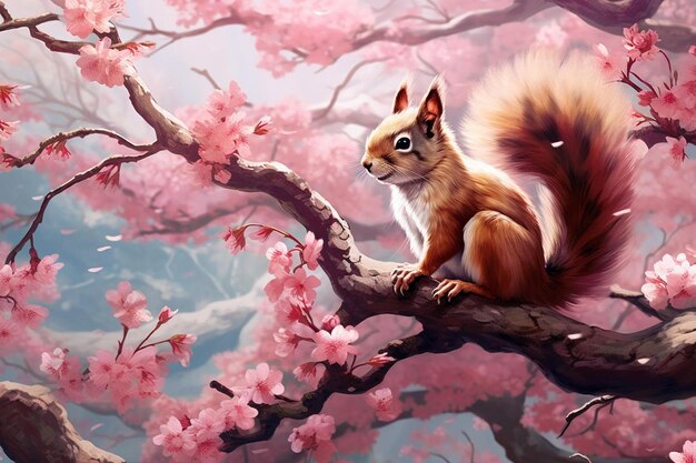 a squirrel sits on a branch with cherry blossoms in the background.