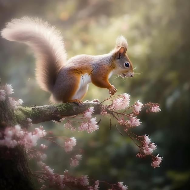 A squirrel sits on a branch with pink flowers in the background.