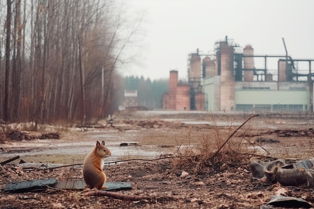 다람쥐 한 마리가 공장을 배경으로 들판에 앉아 있습니다.