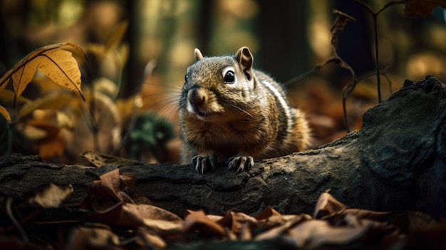 A squirrel sits on a log in the woods.