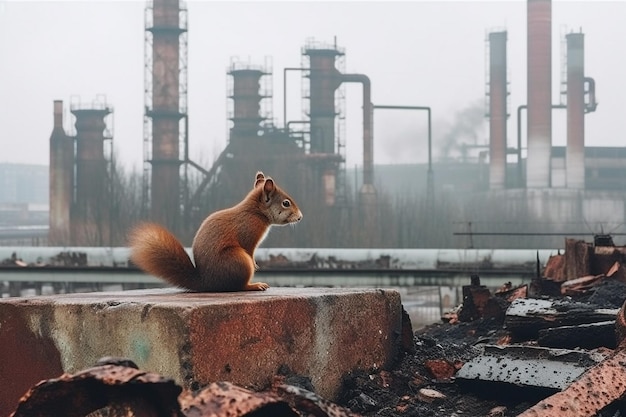 다람쥐 한 마리가 공장 앞 콘크리트 위에 앉아 있습니다.