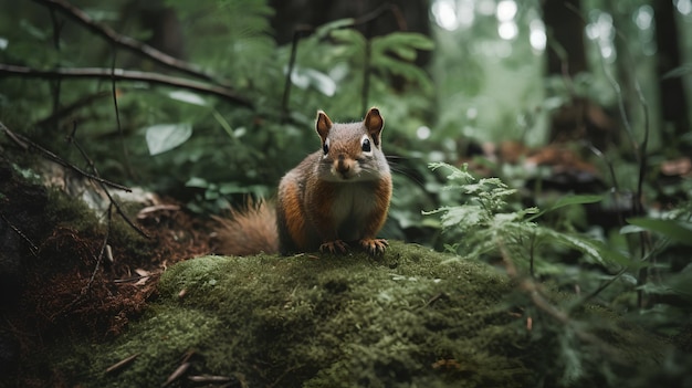 A squirrel sits on a rock in a forest.