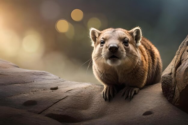 A squirrel sits on a rock and looks at the camera.