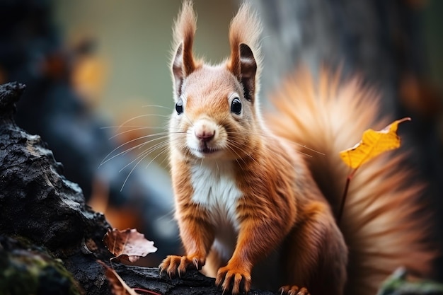 The squirrel sits on tree in the autumn Generative AI