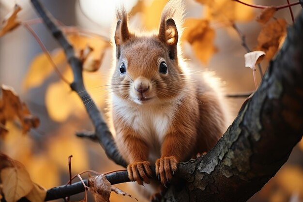 The squirrel sits on tree in the autumn Generative AI