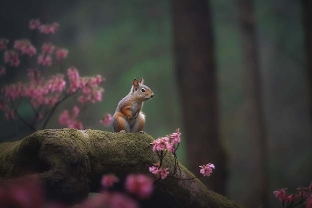 A squirrel sits on a tree branch in a forest with pink flowers.