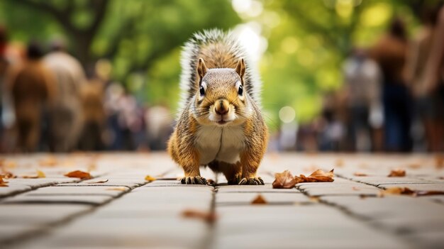 A squirrel sitting on the ground making eye contact with the camera