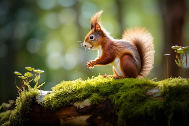 a squirrel sitting on a moss covered log