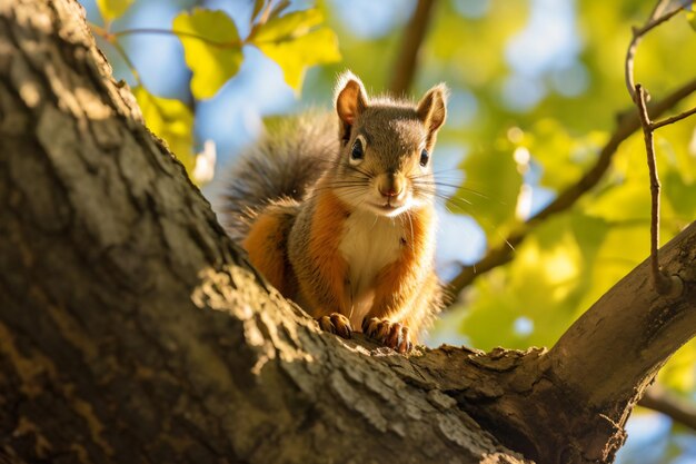 A squirrel sitting on a tree branch in the sun