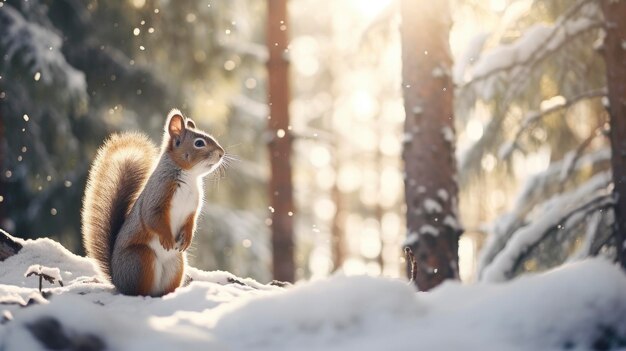 Squirrel in snowfall coniferous winter forest sun rays breaking through trees