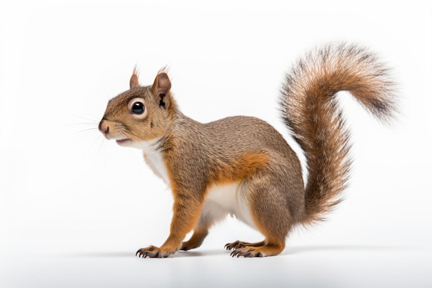 a squirrel standing on a white surface with its tail up