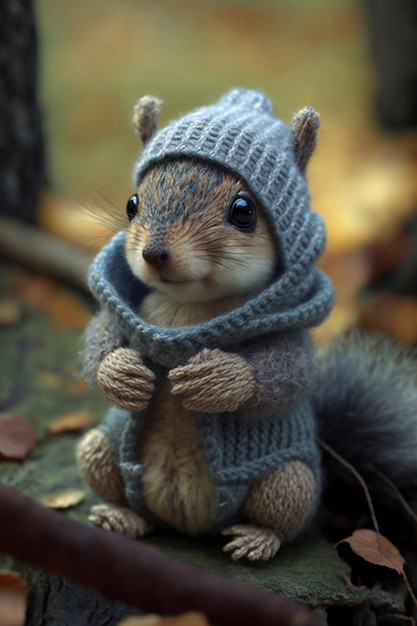 Squirrel in a sweater with a hat