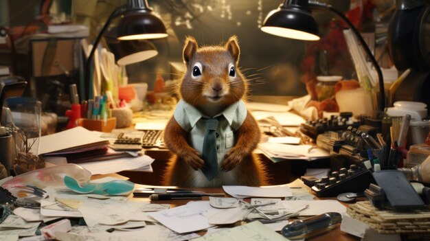 Foto uno scoiattolo con una cravatta seduto alla sua scrivania con documenti e penne ai