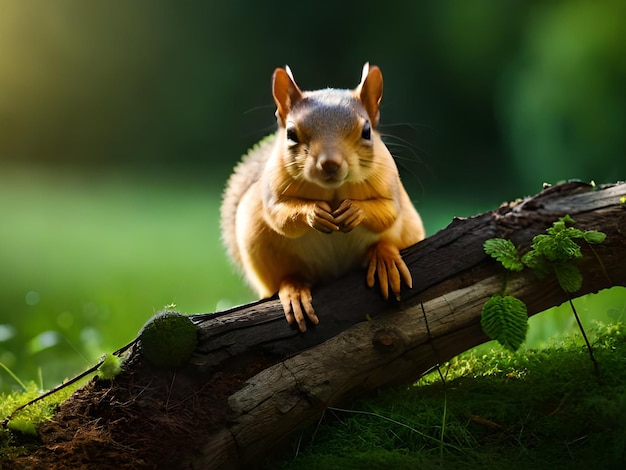 A squirrel on a tree branch in the grass