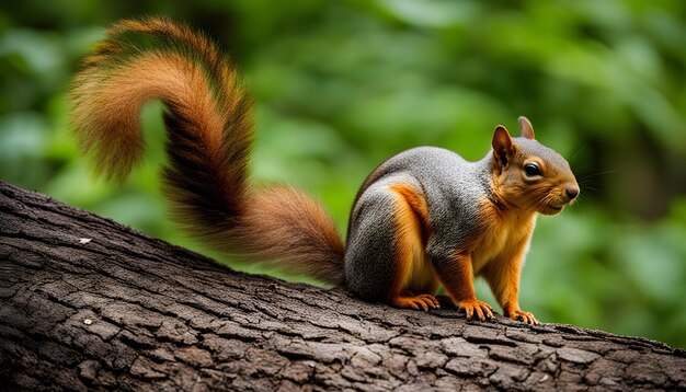 a squirrel on a tree branch with a red tail