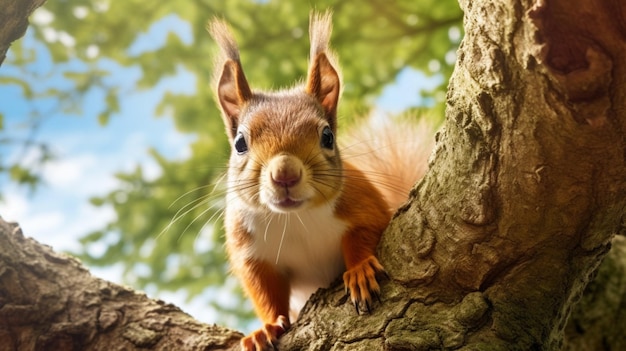 A squirrel in a tree with a green background