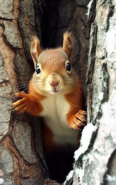 A squirrel in a tree with its ears up and the head is looking out of a hole.