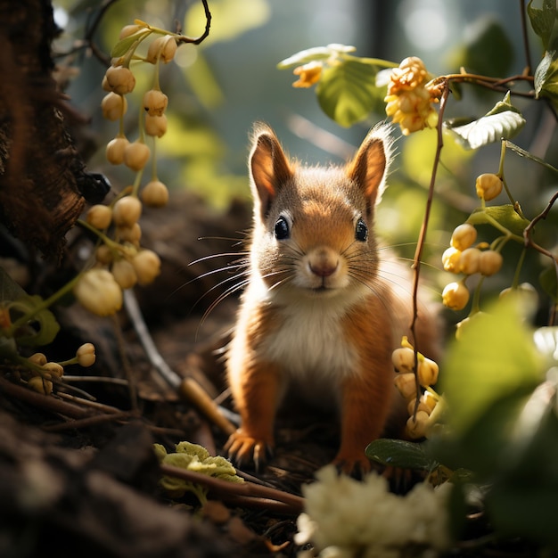 A squirrel in a tree with yellow flowers