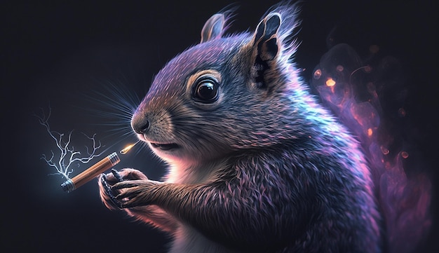 A squirrel Trying to start a fire of a cigarette AI Generated