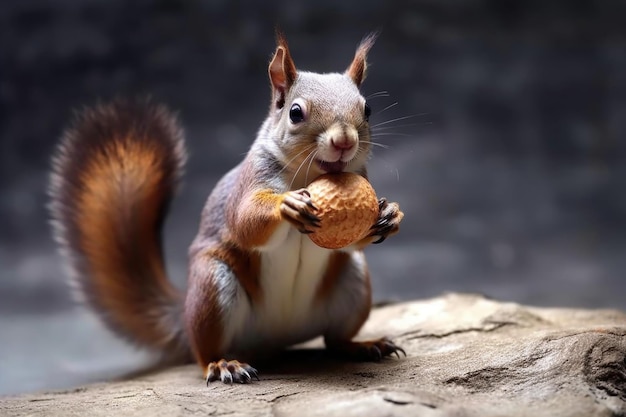 Squirrel using hind legs to hold nut while eating created with generative ai