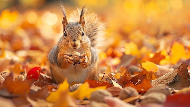 A squirrel among the vibrant fallen leaves clutching a nut in its hands Generative Ai