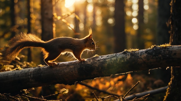 Squirrel walking on a wooden trunk in the forest