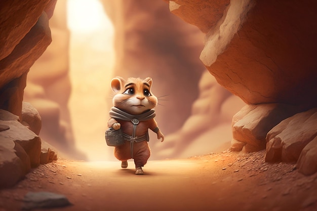 A squirrel walks through a canyon with a bag of money on his shoulder.