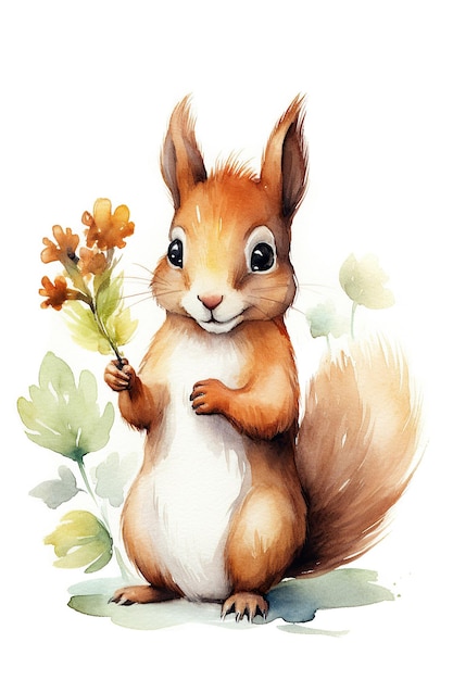 Squirrel watercolor clipart cute isolated on white background with Generative AI Technology