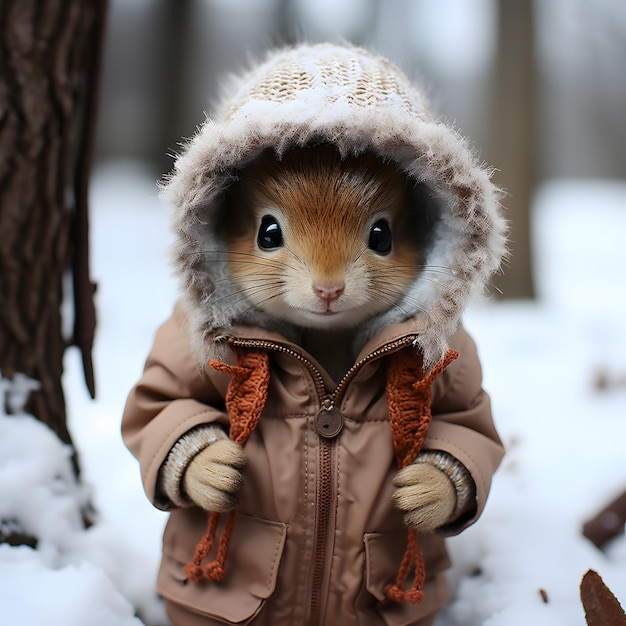 A squirrel wearing a coat and hat