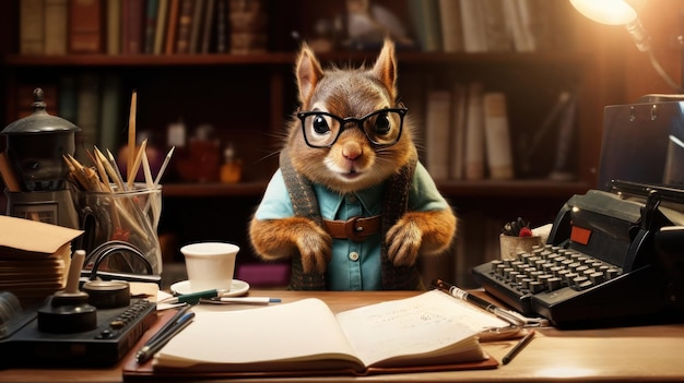 Foto uno scoiattolo che indossa occhiali e un maglione in piedi davanti a un libro aperto ai