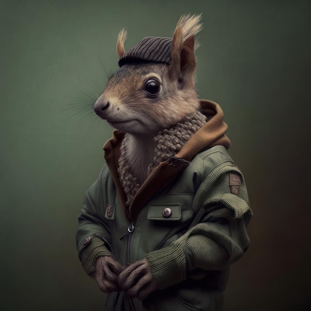 A squirrel wearing a green jacket and a hat.