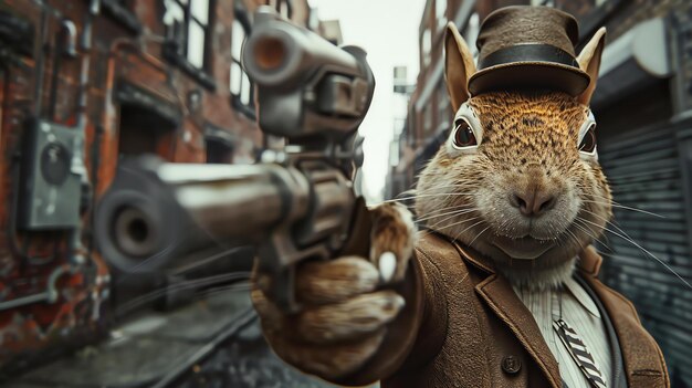 Photo a squirrel wearing a hat and coat is pointing a gun at the viewer the squirrel is standing in a dark alleyway and the background is out of focus