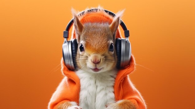 A squirrel wearing a hoodie and wearing a headphone