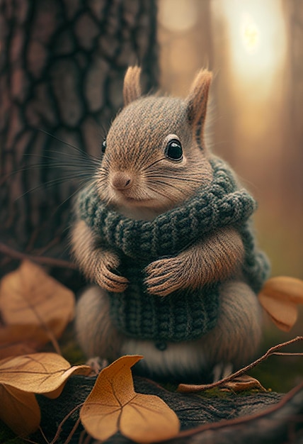 A squirrel wearing a knitted sweater sits in front of a tree.