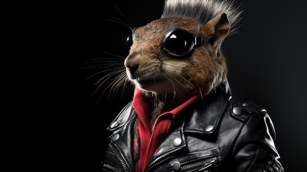 a squirrel wearing a leather jacket with a red scarf on its head.