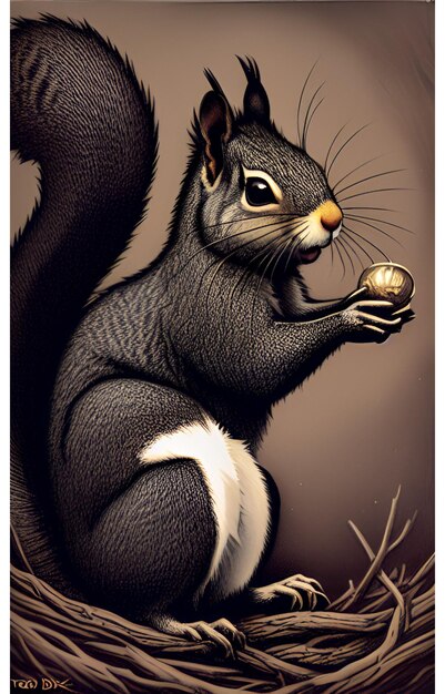 A squirrel with a ball in his hand is holding a nut.