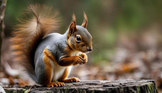 a squirrel with a brown tail and a black eye and a red tail