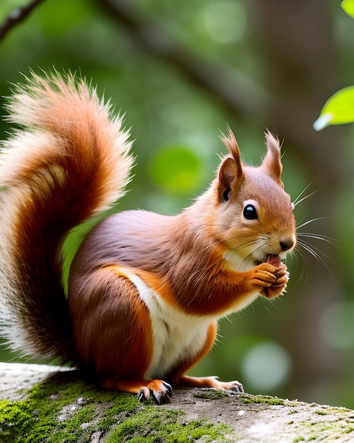 a squirrel with a brown tail eating a piece of food