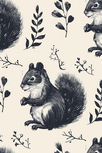 a squirrel with a bushy tail sits in a pattern