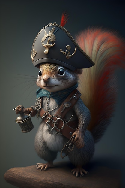 A squirrel with a pirate hat and a lantern